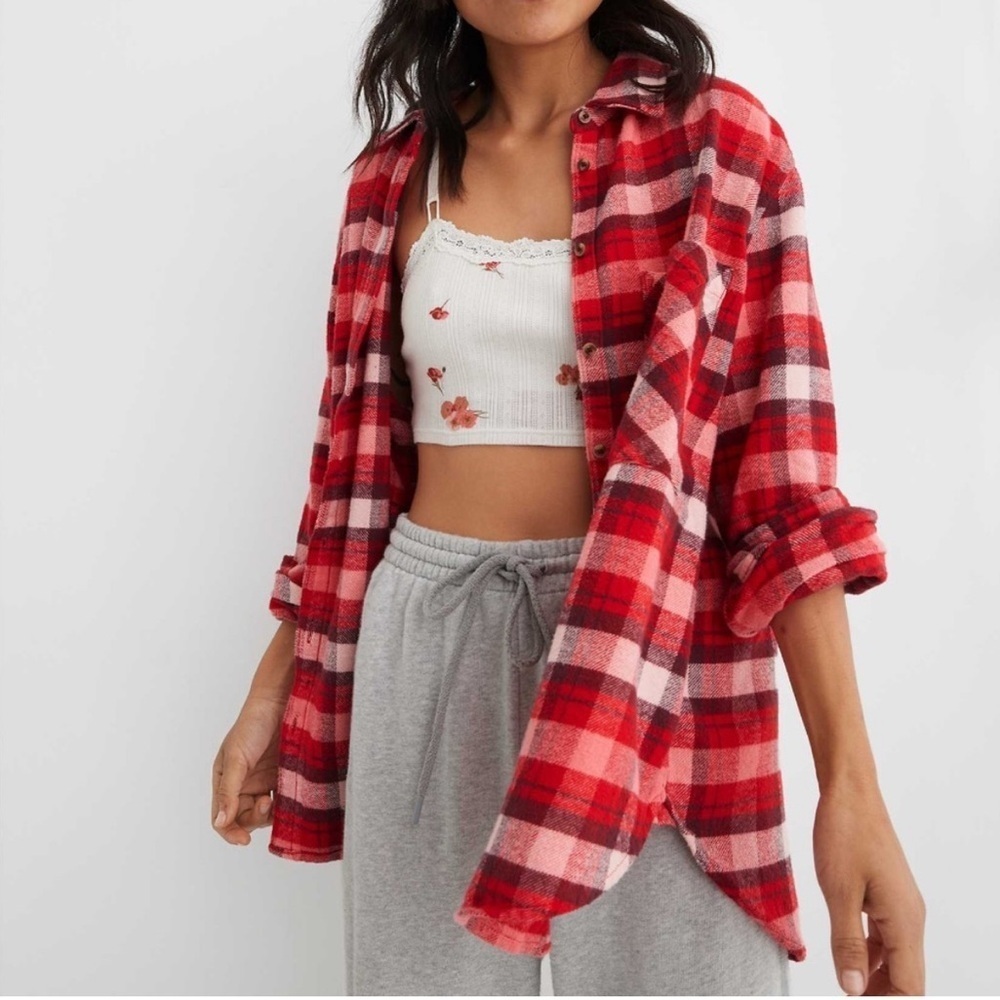 Aerie‎ Flannel Shirt Red Plaid Button Down Long Sleeve Casual Top Medium NWT